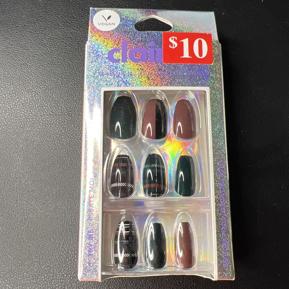 24pc Claire's Fake Press On Nails Glue On Vegan Plaid Print Green Brwn Blk White